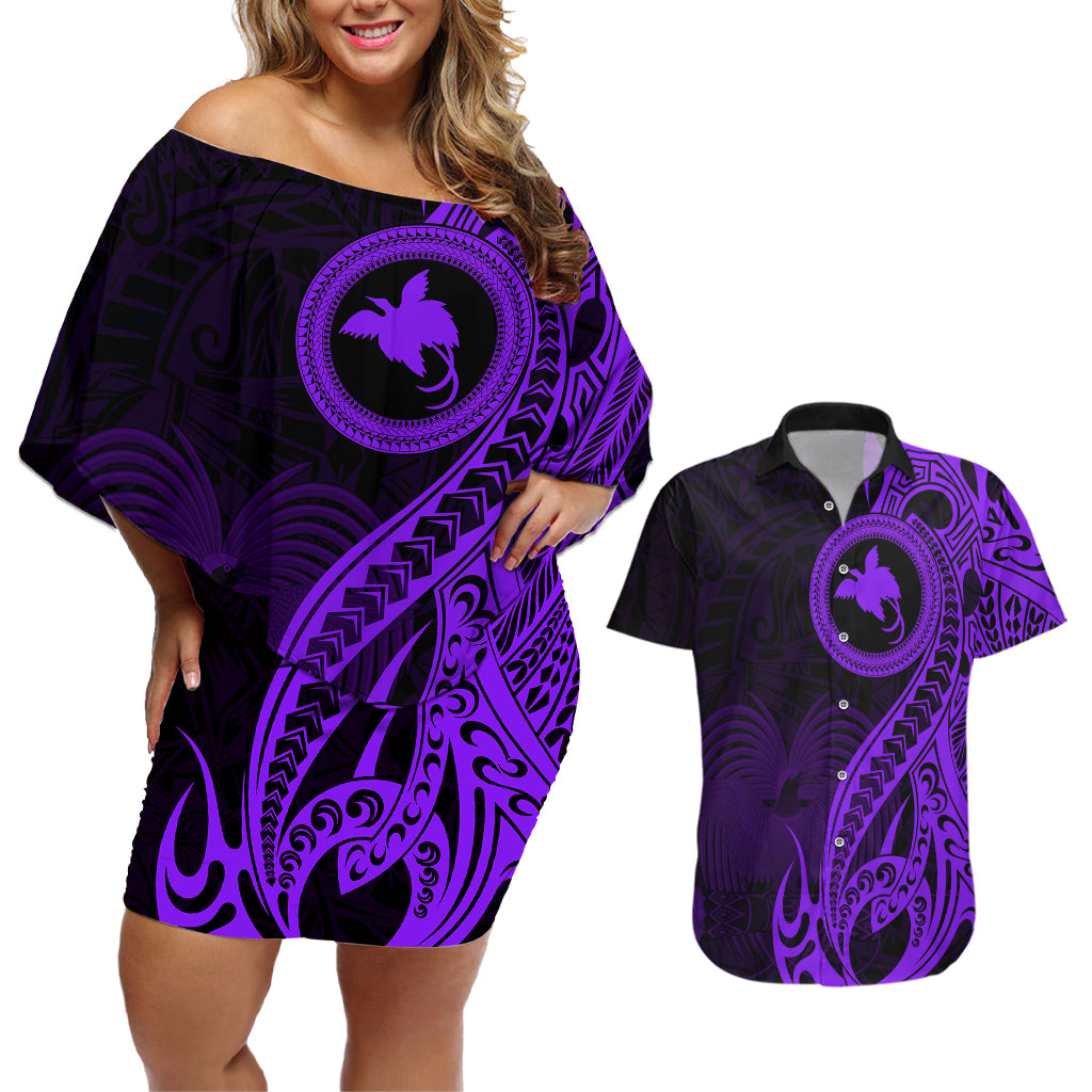 Papua New Guinea Island Couples Matching Off Shoulder Short Dress and Hawaiian Shirt Bird of Paradise with Purple Polynesian Tribal LT9 Purple - Polynesian Pride