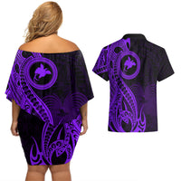 Papua New Guinea Island Couples Matching Off Shoulder Short Dress and Hawaiian Shirt Bird of Paradise with Purple Polynesian Tribal LT9 - Polynesian Pride