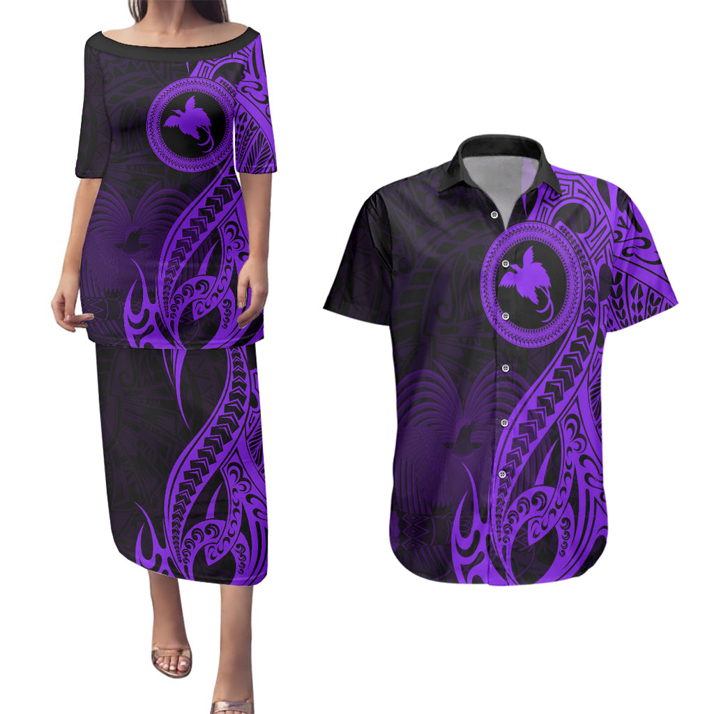 Papua New Guinea Island Couples Matching Puletasi Dress and Hawaiian Shirt Bird of Paradise with Purple Polynesian Tribal LT9 Purple - Polynesian Pride