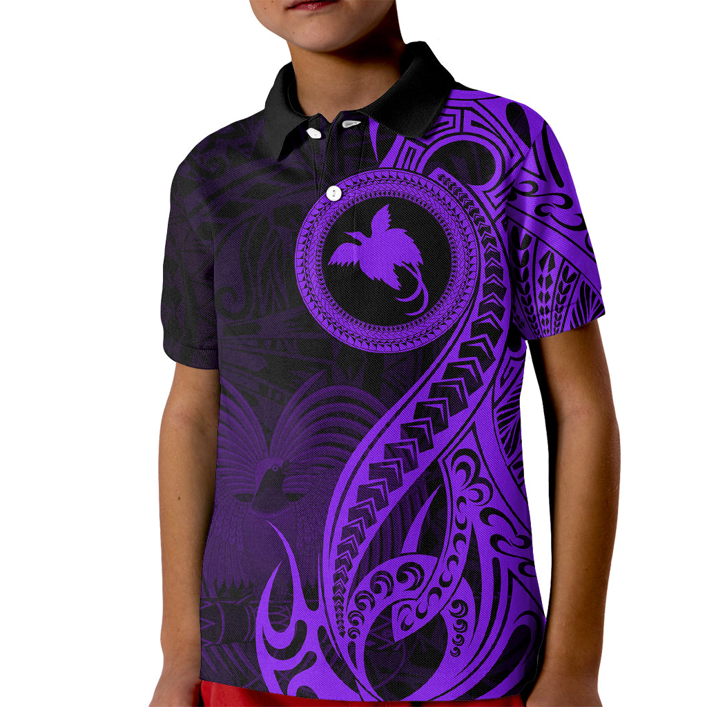 Papua New Guinea Island Kid Polo Shirt Bird of Paradise with Purple Polynesian Tribal LT9 Kid Purple - Polynesian Pride
