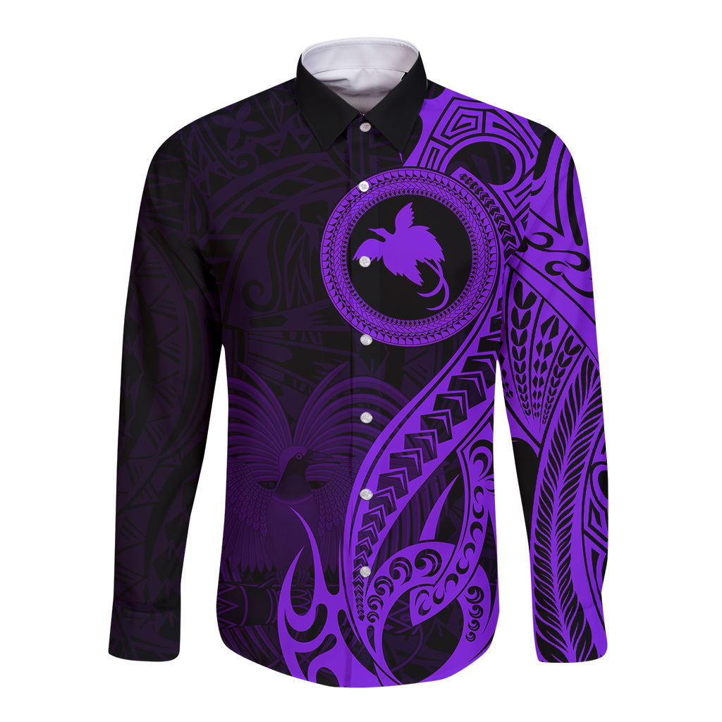 Papua New Guinea Island Long Sleeve Button Shirt Bird of Paradise with Purple Polynesian Tribal LT9 Unisex Purple - Polynesian Pride