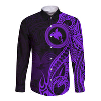 Papua New Guinea Island Long Sleeve Button Shirt Bird of Paradise with Purple Polynesian Tribal LT9 Unisex Purple - Polynesian Pride