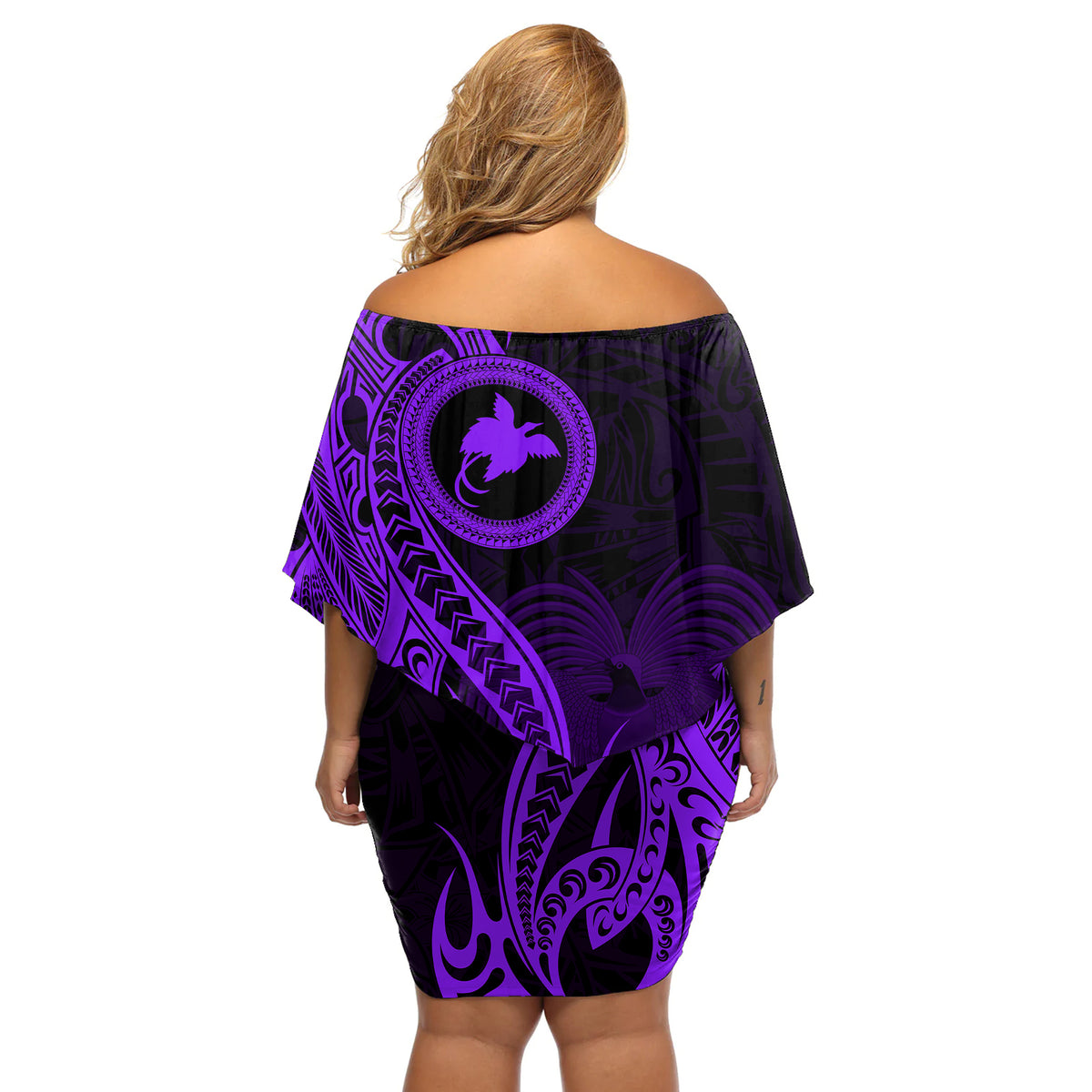 Papua New Guinea Island Off Shoulder Short Dress Bird of Paradise with Purple Polynesian Tribal LT9 - Polynesian Pride