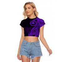 Papua New Guinea Island Raglan Cropped T Shirt Bird of Paradise with Purple Polynesian Tribal LT9 Female Purple - Polynesian Pride