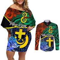 Tafea Day Couples Matching Off Shoulder Short Dress and Long Sleeve Button Shirts Vanuatu Sand Drawing With Polynesian Pattern LT9 Blue - Polynesian Pride