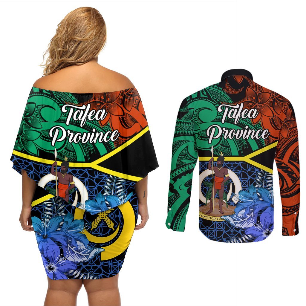 Tafea Day Couples Matching Off Shoulder Short Dress and Long Sleeve Button Shirts Vanuatu Sand Drawing With Polynesian Pattern LT9 - Polynesian Pride