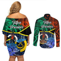 Tafea Day Couples Matching Off Shoulder Short Dress and Long Sleeve Button Shirts Vanuatu Sand Drawing With Polynesian Pattern LT9 - Polynesian Pride