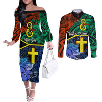 Tafea Day Couples Matching Off The Shoulder Long Sleeve Dress and Long Sleeve Button Shirts Vanuatu Sand Drawing With Polynesian Pattern LT9 Blue - Polynesian Pride