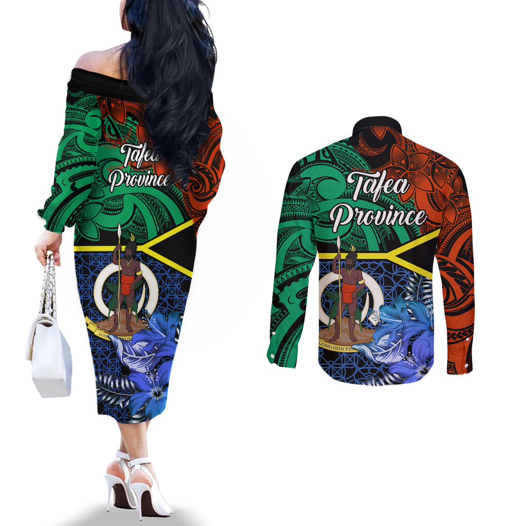 tafea-day-couples-matching-off-the-shoulder-long-sleeve-dress-and-long-sleeve-button-shirts-vanuatu-sand-drawing-with-polynesian-pattern