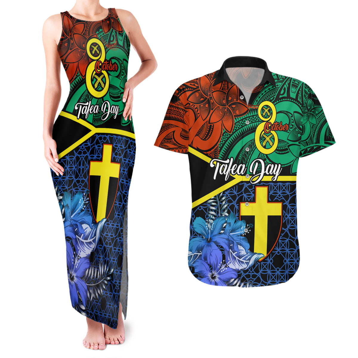 tafea-day-couples-matching-tank-maxi-dress-and-hawaiian-shirt-vanuatu-sand-drawing-with-polynesian-pattern