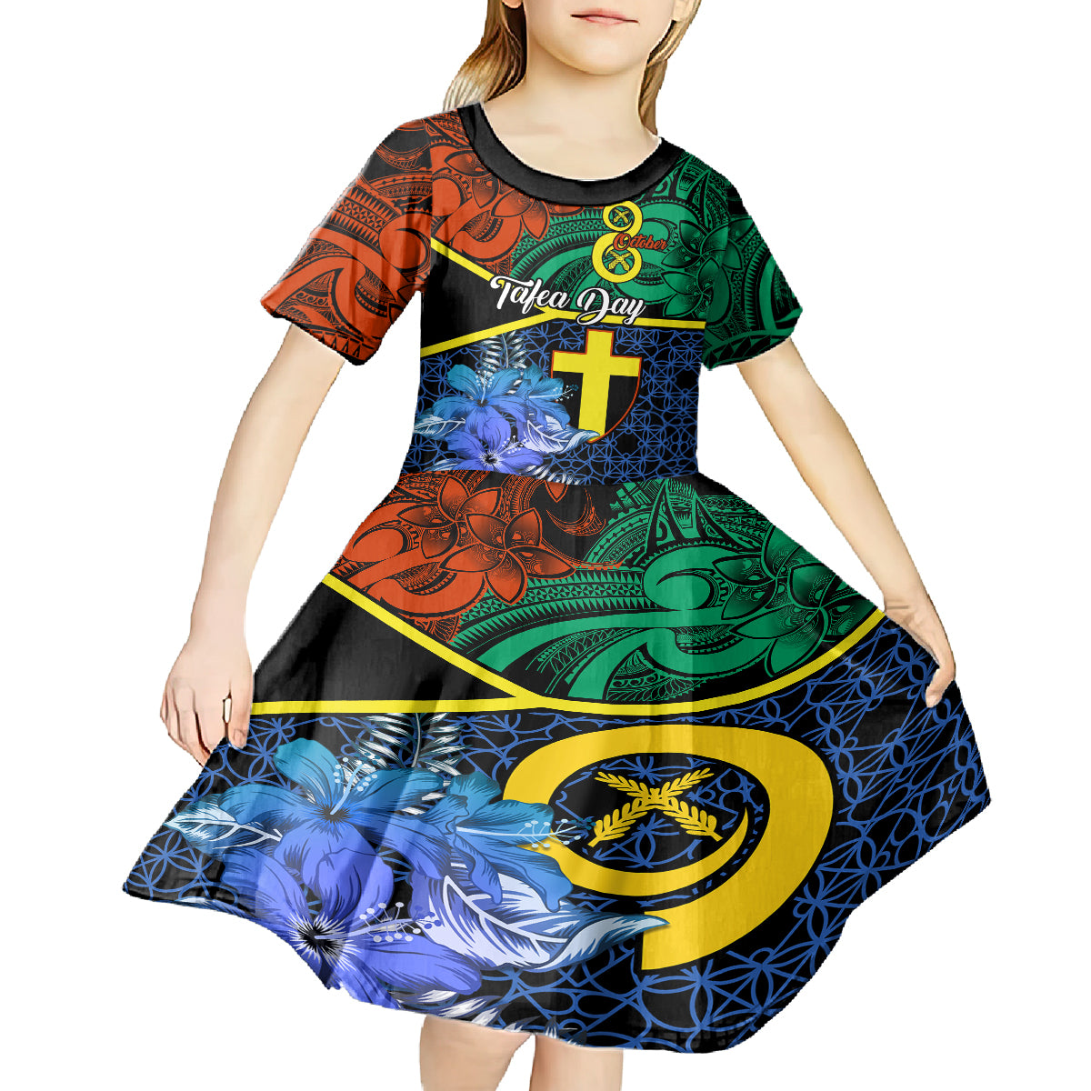 Tafea Day Kid Short Sleeve Dress Vanuatu Sand Drawing With Polynesian Pattern LT9 - Polynesian Pride