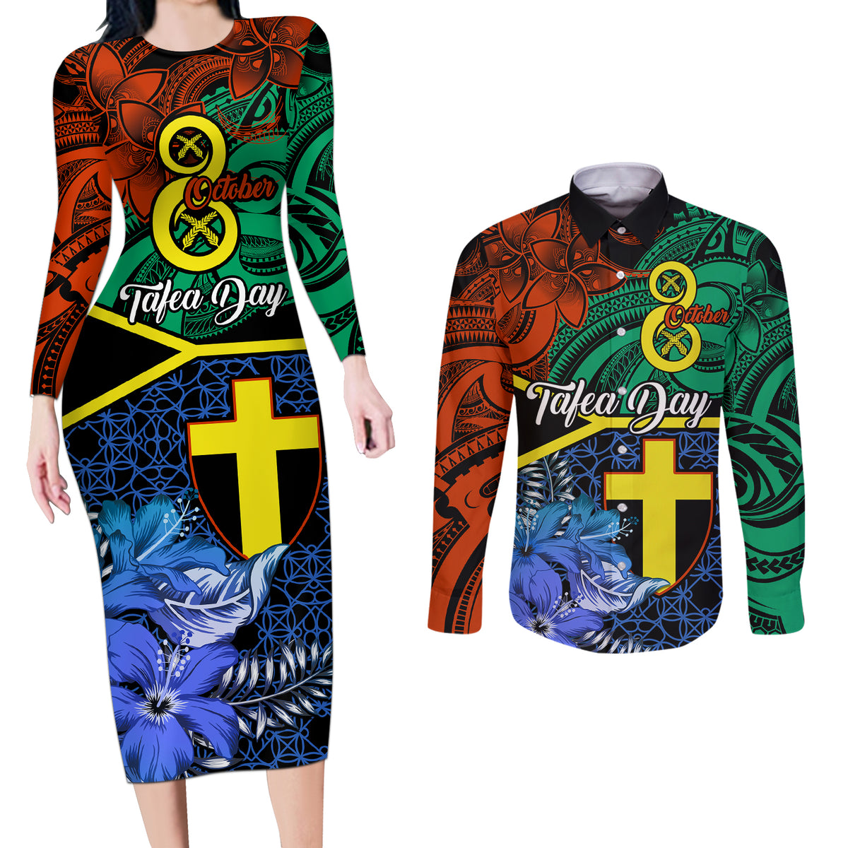 Personalised Tafea Day Couples Matching Long Sleeve Bodycon Dress and Long Sleeve Button Shirts Vanuatu Sand Drawing With Polynesian Pattern LT9 Blue - Polynesian Pride