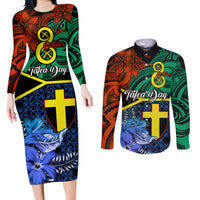 Personalised Tafea Day Couples Matching Long Sleeve Bodycon Dress and Long Sleeve Button Shirts Vanuatu Sand Drawing With Polynesian Pattern LT9 Blue - Polynesian Pride