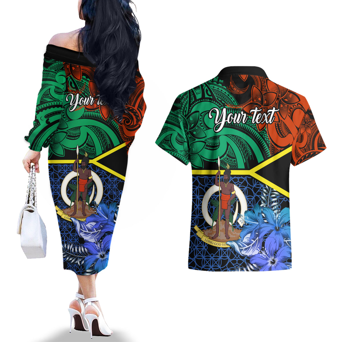 personalised-tafea-day-couples-matching-off-the-shoulder-long-sleeve-dress-and-hawaiian-shirt-vanuatu-sand-drawing-with-polynesian-pattern