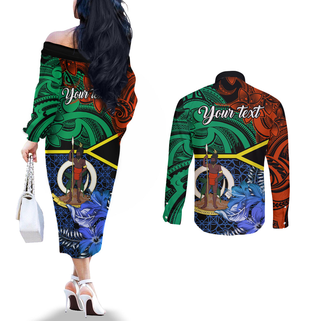personalised-tafea-day-couples-matching-off-the-shoulder-long-sleeve-dress-and-long-sleeve-button-shirts-vanuatu-sand-drawing-with-polynesian-pattern