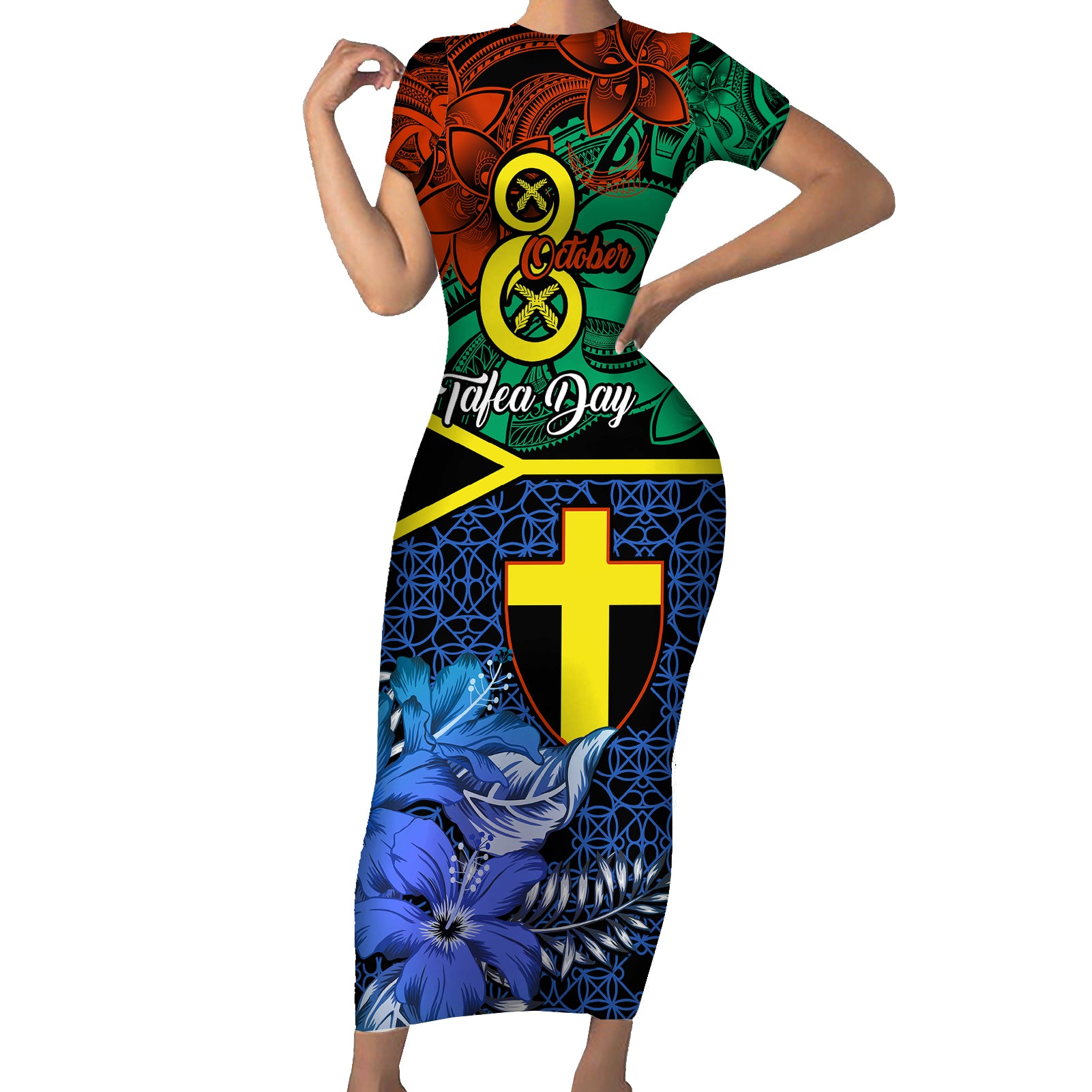 personalised-tafea-day-short-sleeve-bodycon-dress-vanuatu-sand-drawing-with-polynesian-pattern