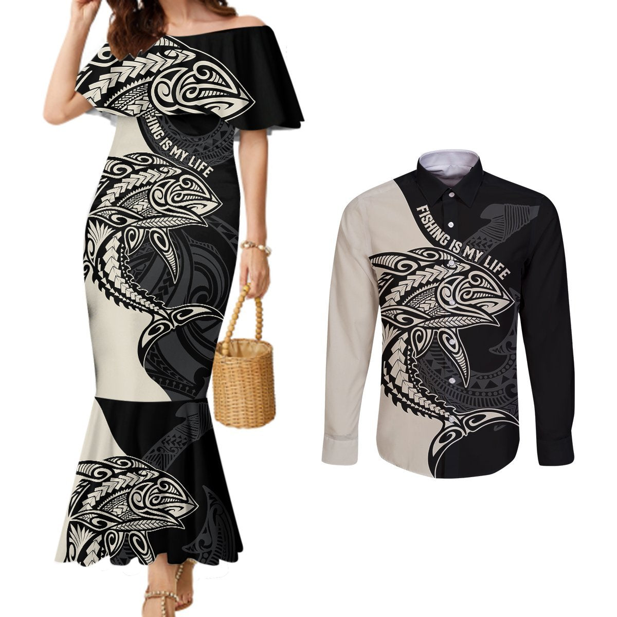 Personalised Polynesia Fishing Couples Matching Mermaid Dress and Long Sleeve Button Shirts With Maori Hei Matau Fish Hook Gold Art LT9 Gold - Polynesian Pride
