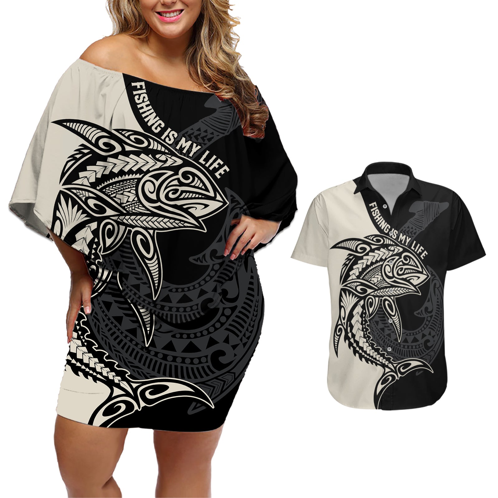 personalised-polynesia-fishing-couples-matching-off-shoulder-short-dress-and-hawaiian-shirt-with-maori-hei-matau-fish-hook-gold-art