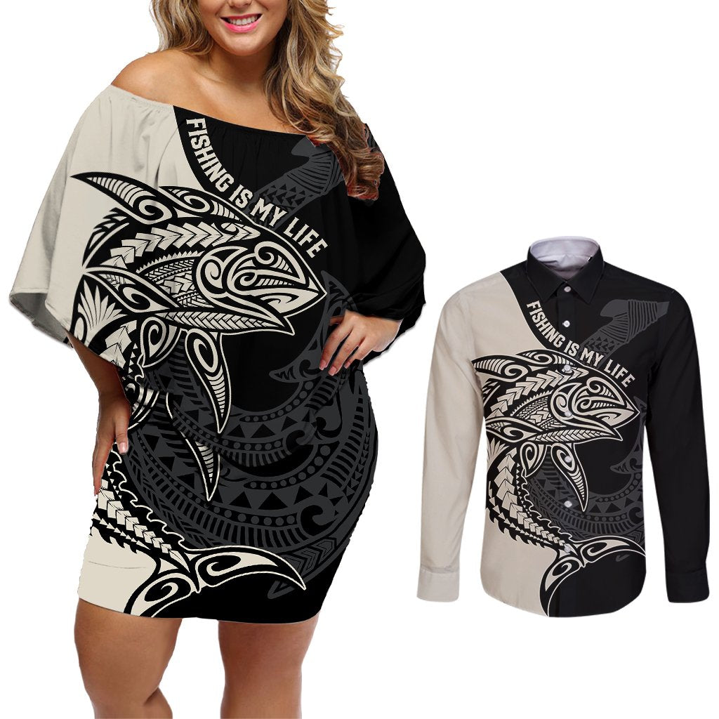 personalised-polynesia-fishing-couples-matching-off-shoulder-short-dress-and-long-sleeve-button-shirts-with-maori-hei-matau-fish-hook-gold-art