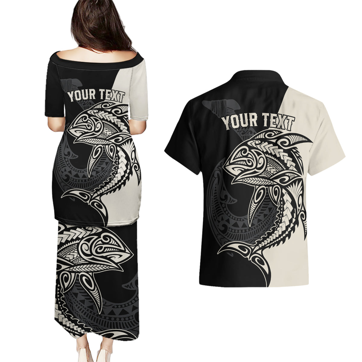 personalised-polynesia-fishing-couples-matching-puletasi-dress-and-hawaiian-shirt-with-maori-hei-matau-fish-hook-gold-art