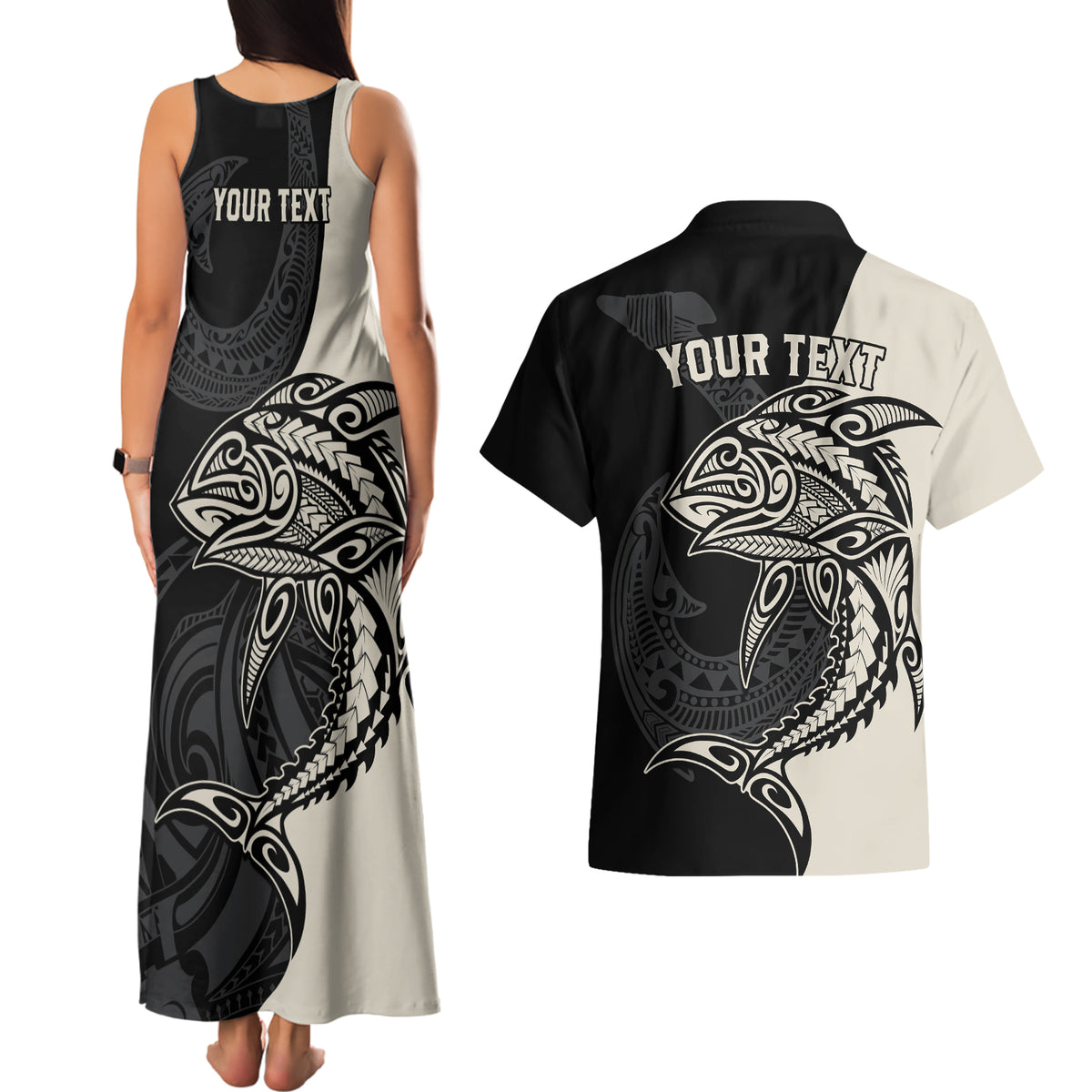 personalised-polynesia-fishing-couples-matching-tank-maxi-dress-and-hawaiian-shirt-with-maori-hei-matau-fish-hook-gold-art