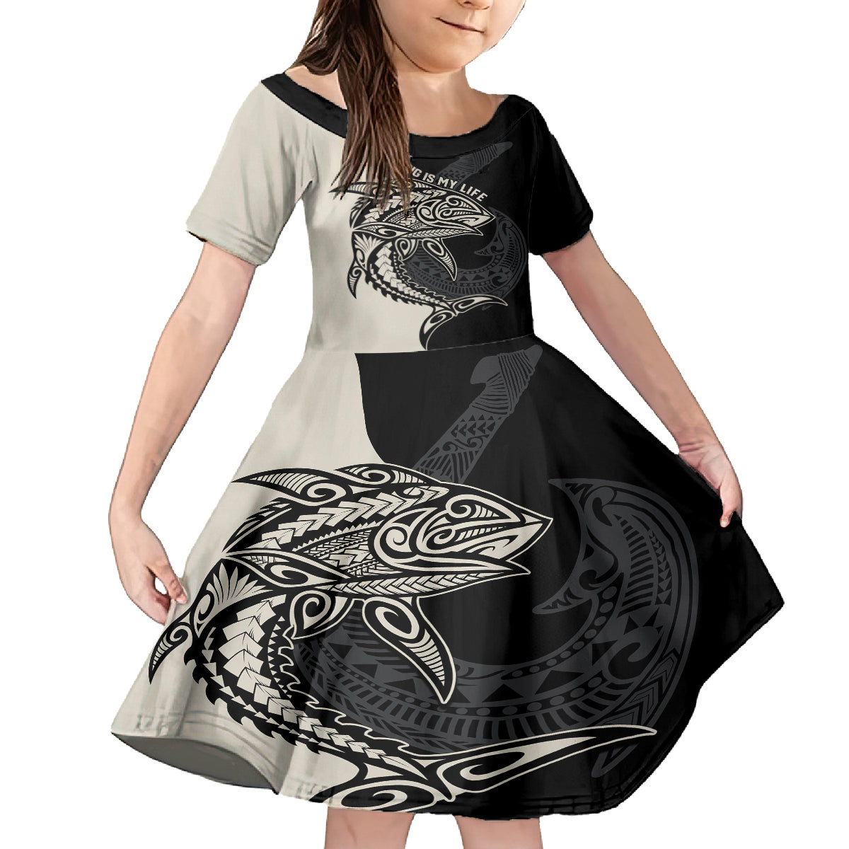 Personalised Polynesia Fishing Kid Short Sleeve Dress With Maori Hei Matau Fish Hook Gold Art LT9 KID Gold - Polynesian Pride