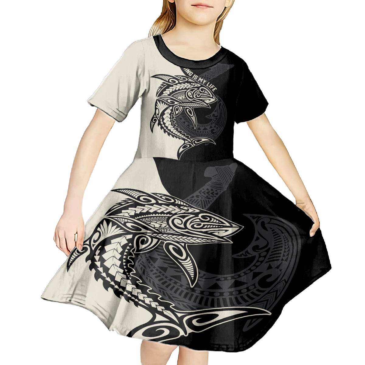 Personalised Polynesia Fishing Kid Short Sleeve Dress With Maori Hei Matau Fish Hook Gold Art LT9 - Polynesian Pride
