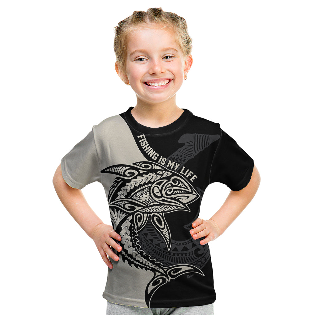 Personalised Polynesia Fishing Kid T Shirt With Maori Hei Matau Fish Hook Gold Art LT9 Gold - Polynesian Pride