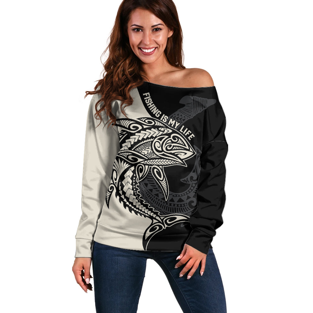 Personalised Polynesia Fishing Off Shoulder Sweater With Maori Hei Matau Fish Hook Gold Art LT9 Women Gold - Polynesian Pride