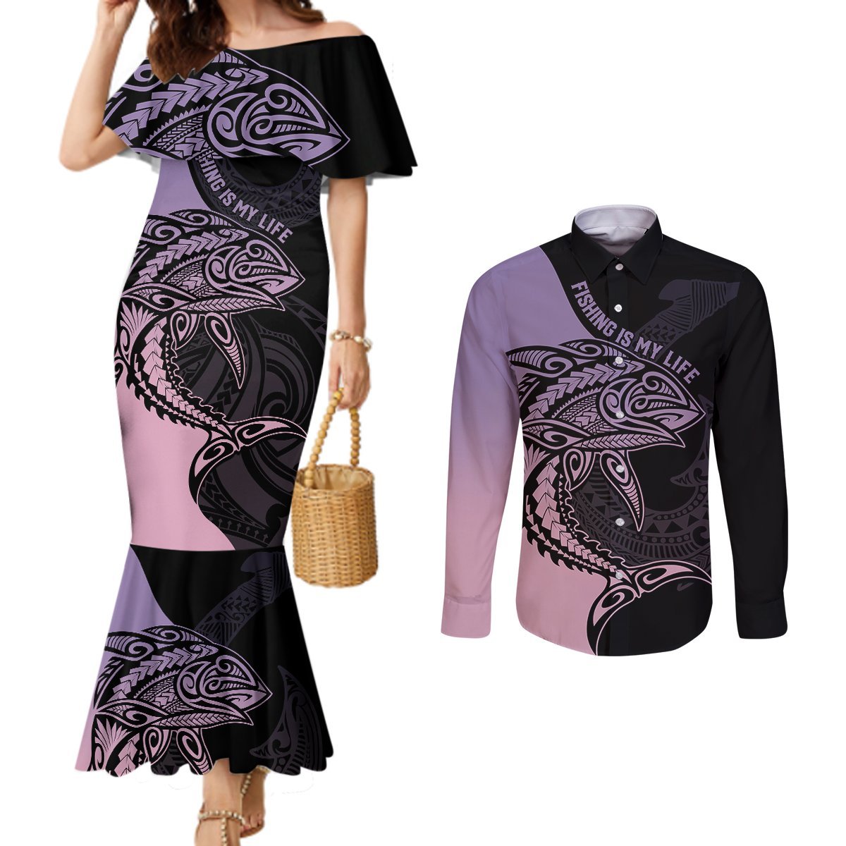 Personalised Polynesia Fishing Couples Matching Mermaid Dress and Long Sleeve Button Shirts With Maori Hei Matau Fish Hook Pastel Art LT9 Pastel - Polynesian Pride