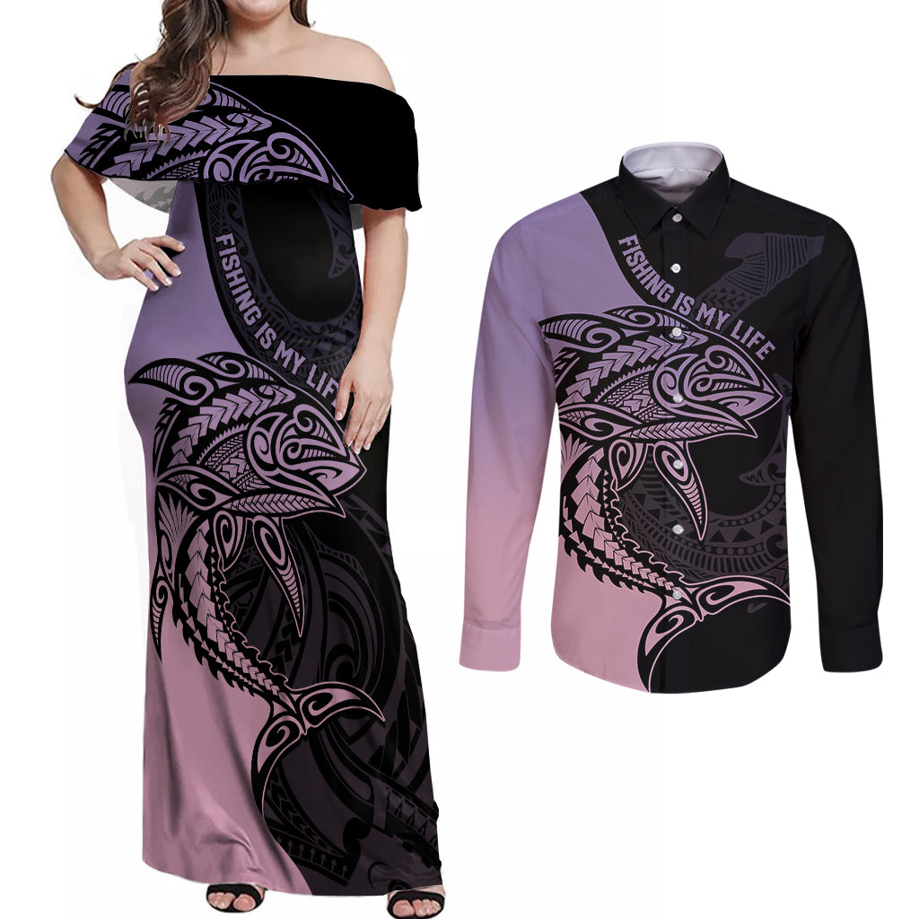 personalised-polynesia-fishing-couples-matching-off-shoulder-maxi-dress-and-long-sleeve-button-shirts-with-maori-hei-matau-fish-hook-pastel-art
