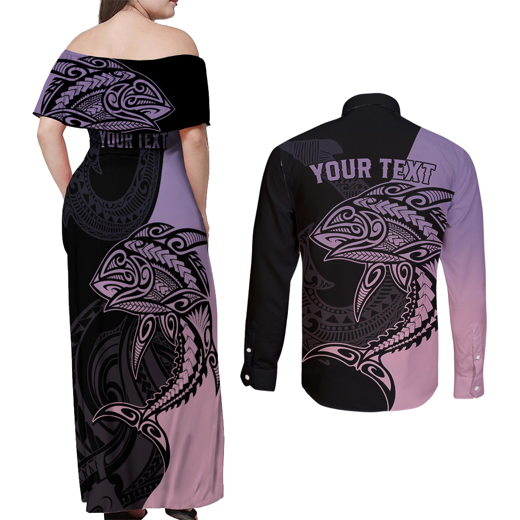 personalised-polynesia-fishing-couples-matching-off-shoulder-maxi-dress-and-long-sleeve-button-shirts-with-maori-hei-matau-fish-hook-pastel-art