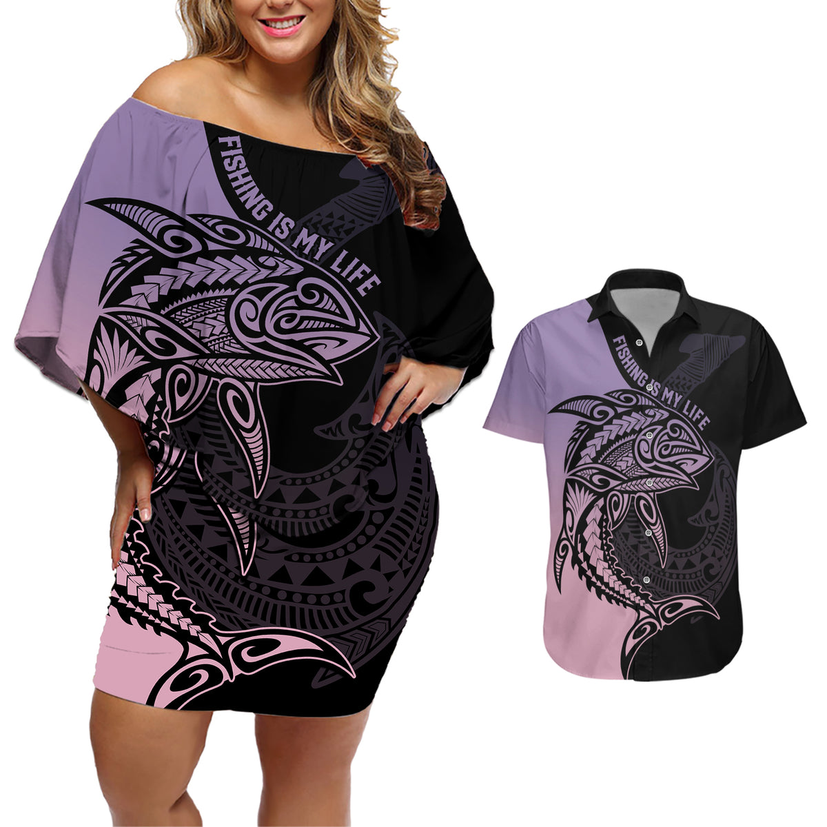 personalised-polynesia-fishing-couples-matching-off-shoulder-short-dress-and-hawaiian-shirt-with-maori-hei-matau-fish-hook-pastel-art