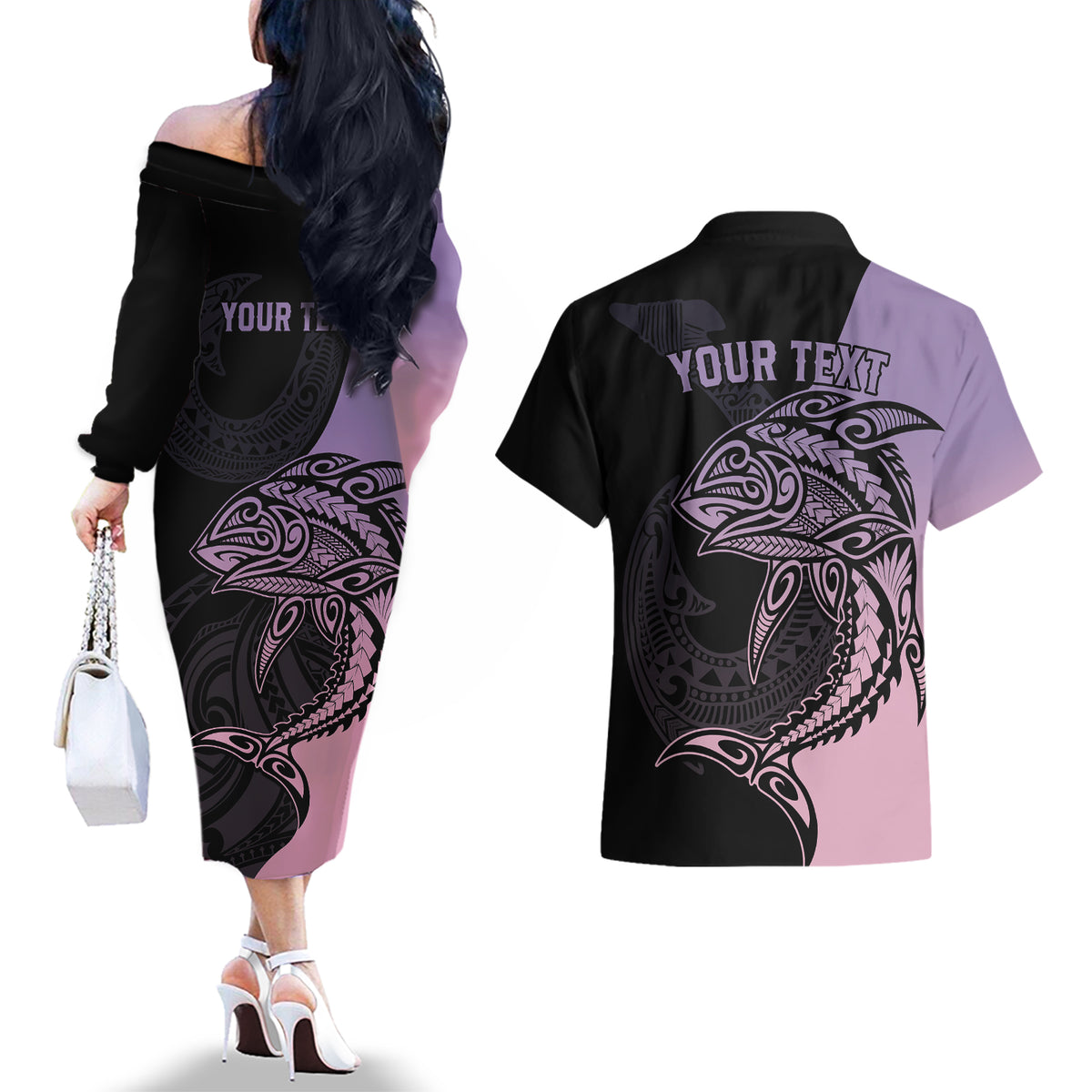 personalised-polynesia-fishing-couples-matching-off-the-shoulder-long-sleeve-dress-and-hawaiian-shirt-with-maori-hei-matau-fish-hook-pastel-art