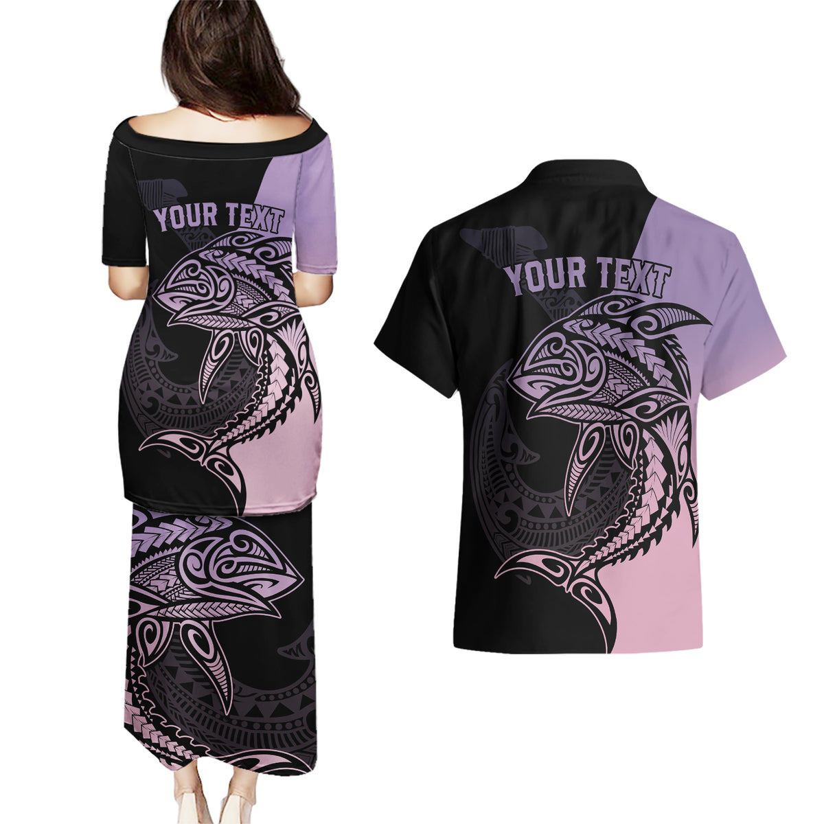 personalised-polynesia-fishing-couples-matching-puletasi-dress-and-hawaiian-shirt-with-maori-hei-matau-fish-hook-pastel-art