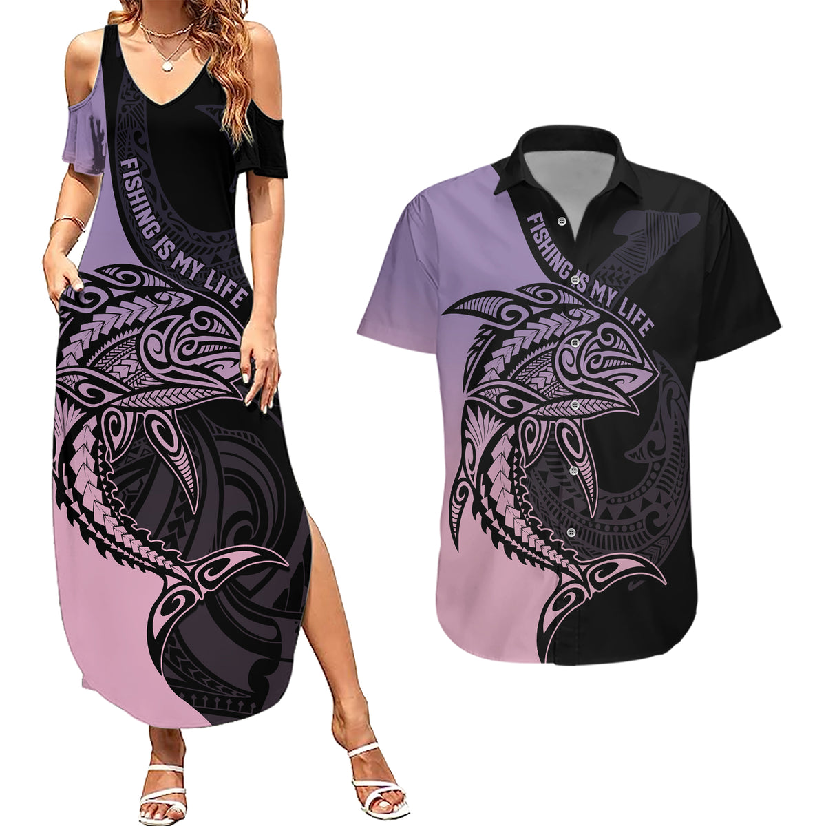 personalised-polynesia-fishing-couples-matching-summer-maxi-dress-and-hawaiian-shirt-with-maori-hei-matau-fish-hook-pastel-art