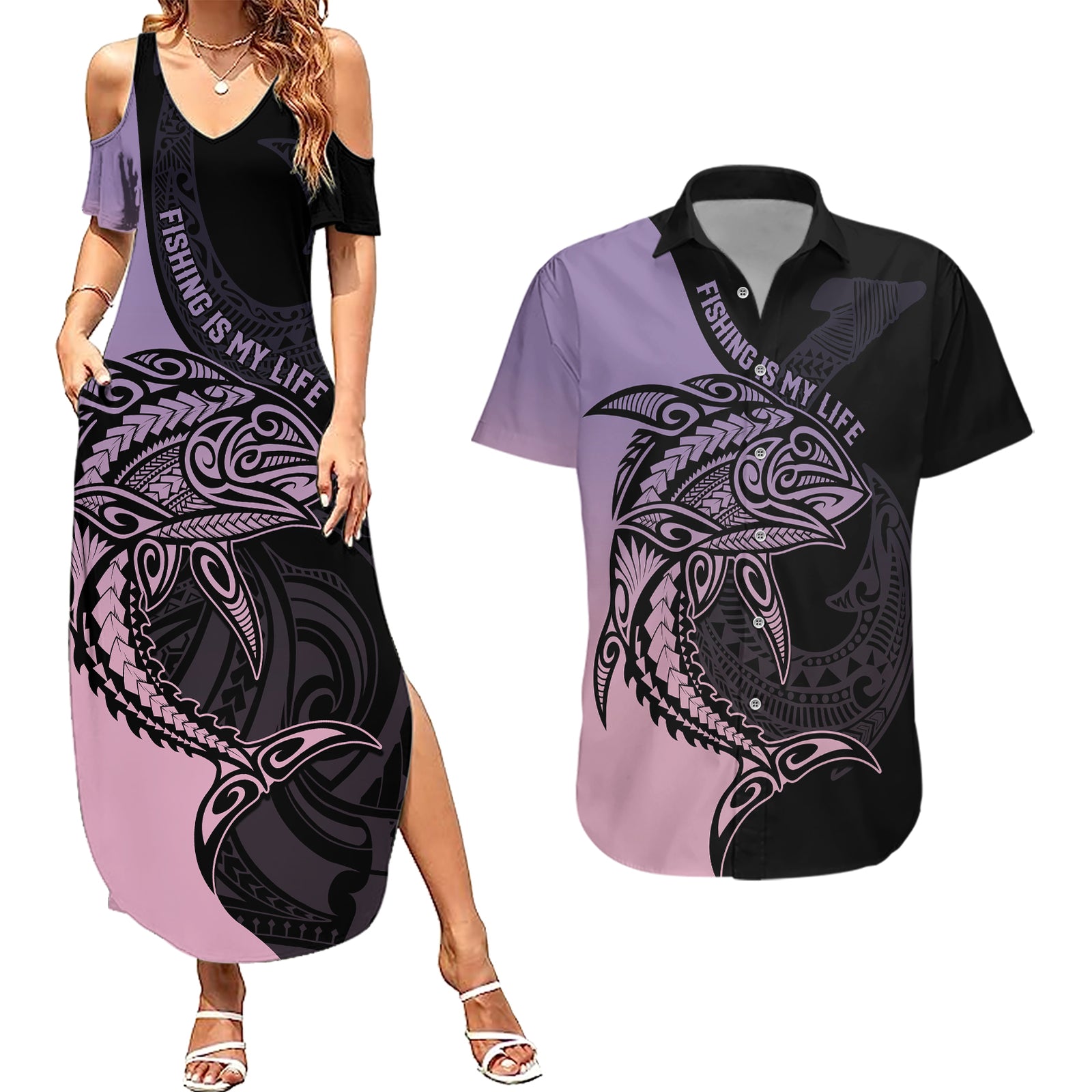 personalised-polynesia-fishing-couples-matching-summer-maxi-dress-and-hawaiian-shirt-with-maori-hei-matau-fish-hook-pastel-art