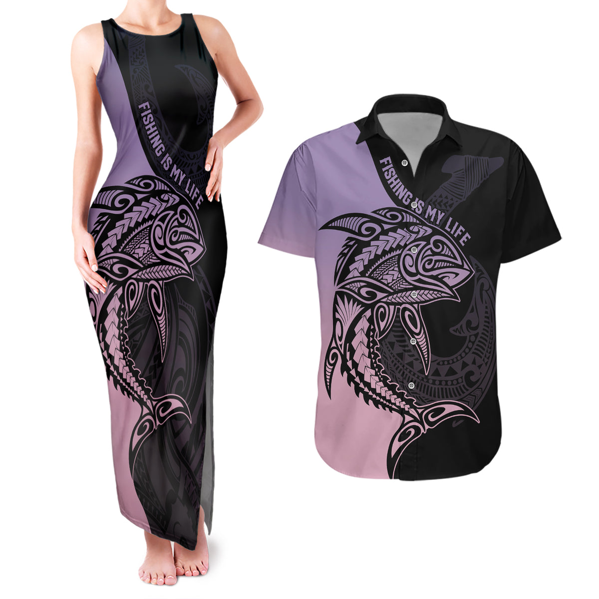personalised-polynesia-fishing-couples-matching-tank-maxi-dress-and-hawaiian-shirt-with-maori-hei-matau-fish-hook-pastel-art