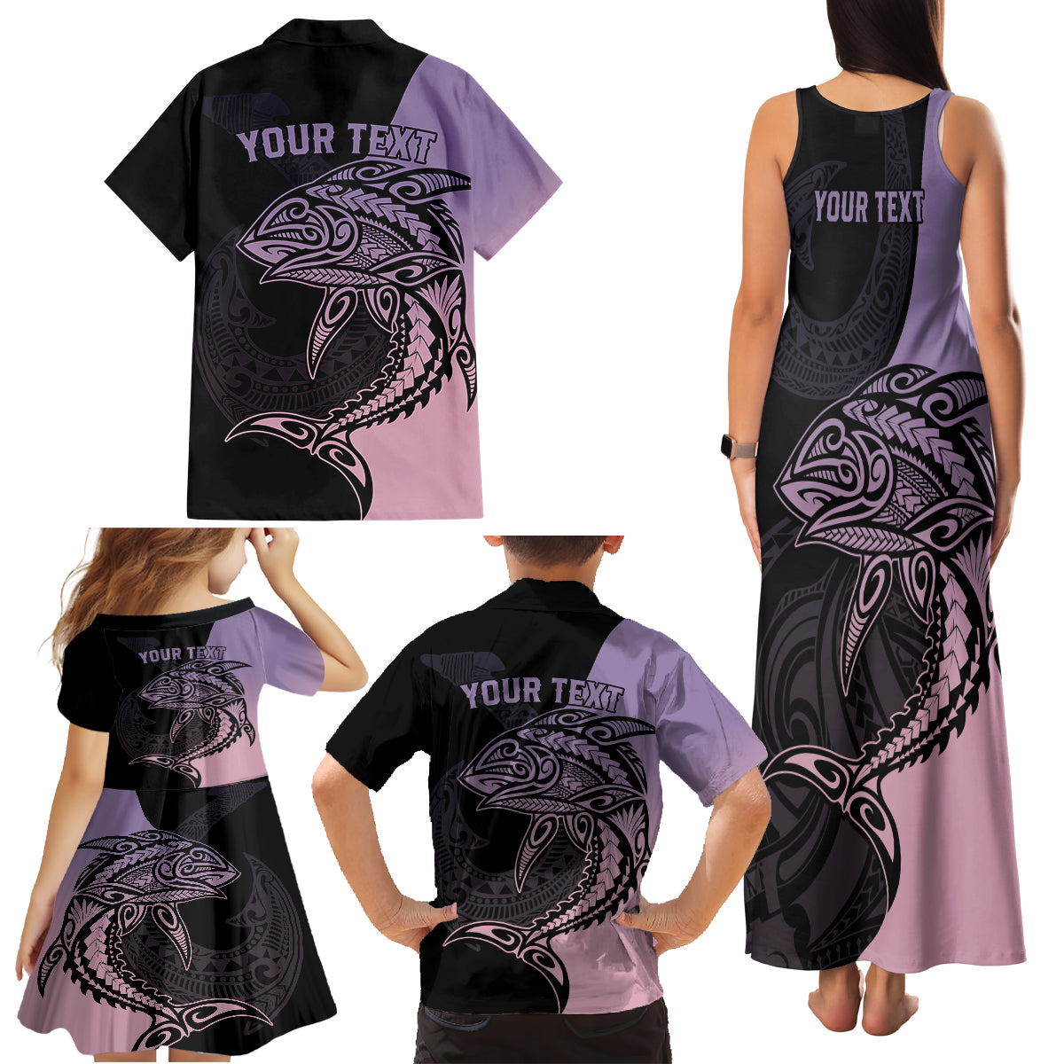 personalised-polynesia-fishing-family-matching-tank-maxi-dress-and-hawaiian-shirt-with-maori-hei-matau-fish-hook-pastel-art