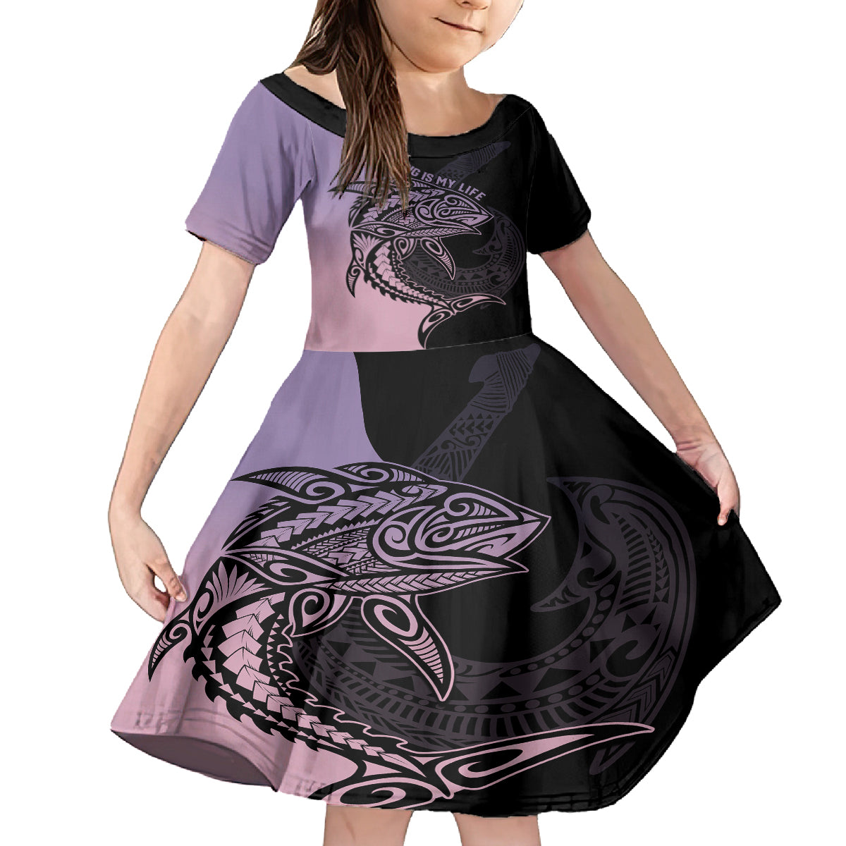 Personalised Polynesia Fishing Kid Short Sleeve Dress With Maori Hei Matau Fish Hook Pastel Art LT9 KID Pastel - Polynesian Pride