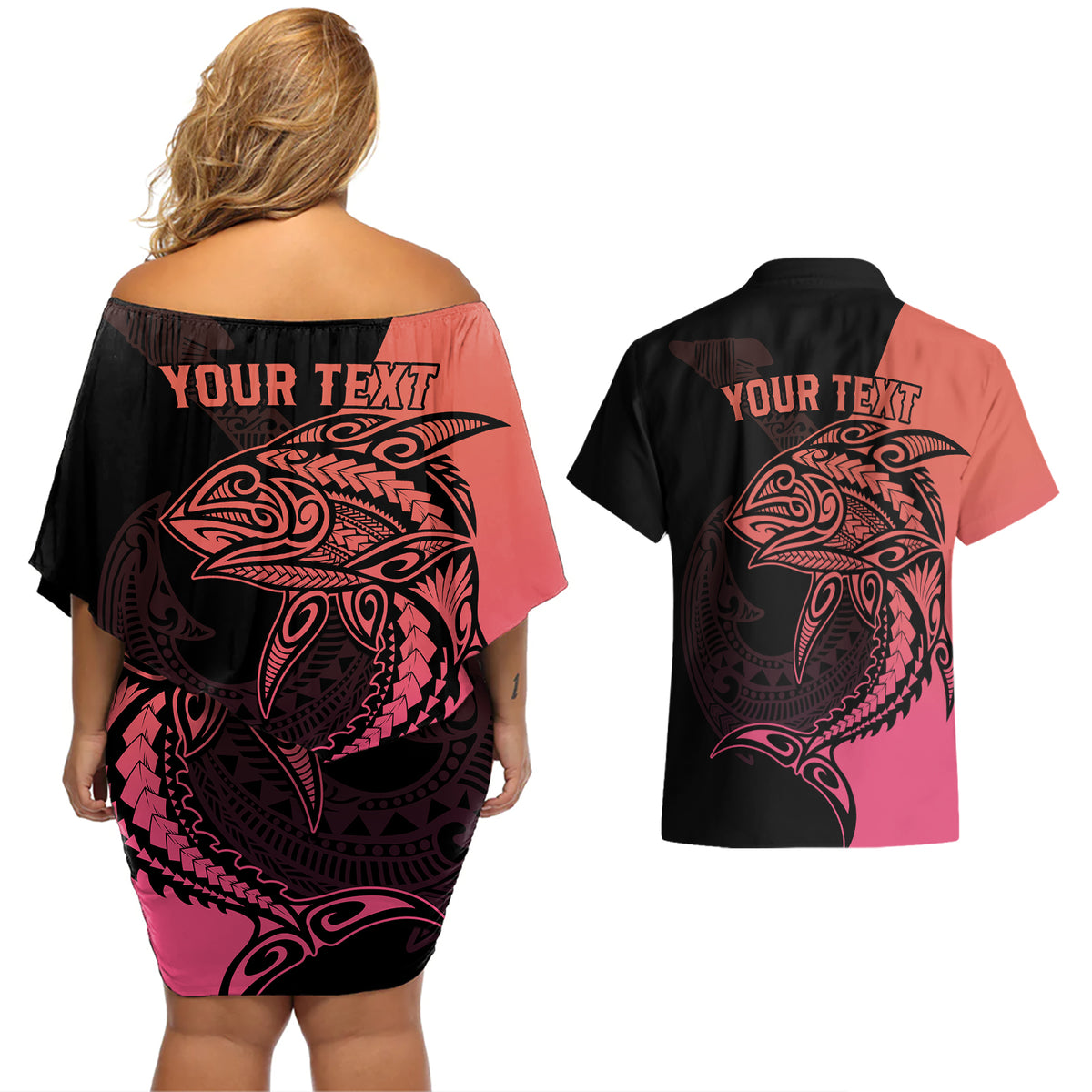 personalised-polynesia-fishing-couples-matching-off-shoulder-short-dress-and-hawaiian-shirt-with-maori-hei-matau-fish-hook-pink-art