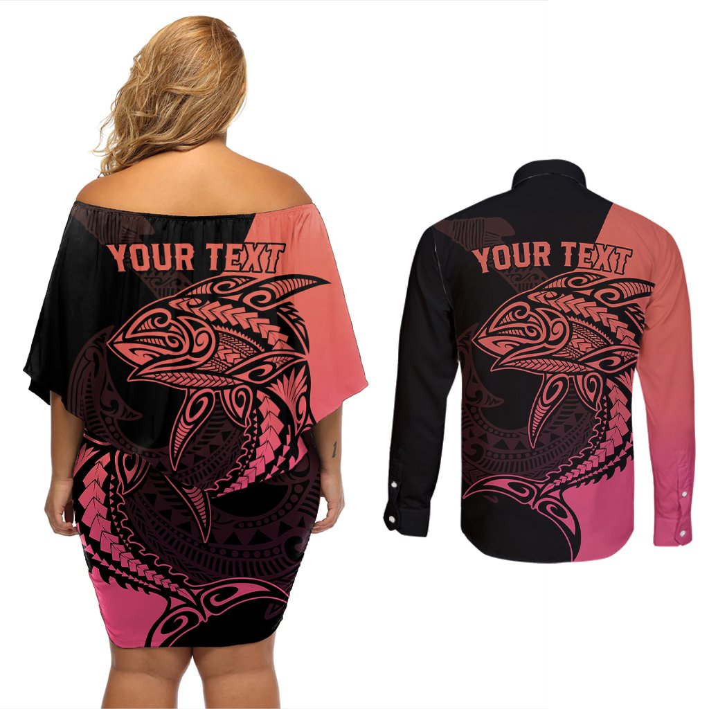 personalised-polynesia-fishing-couples-matching-off-shoulder-short-dress-and-long-sleeve-button-shirts-with-maori-hei-matau-fish-hook-pink-art