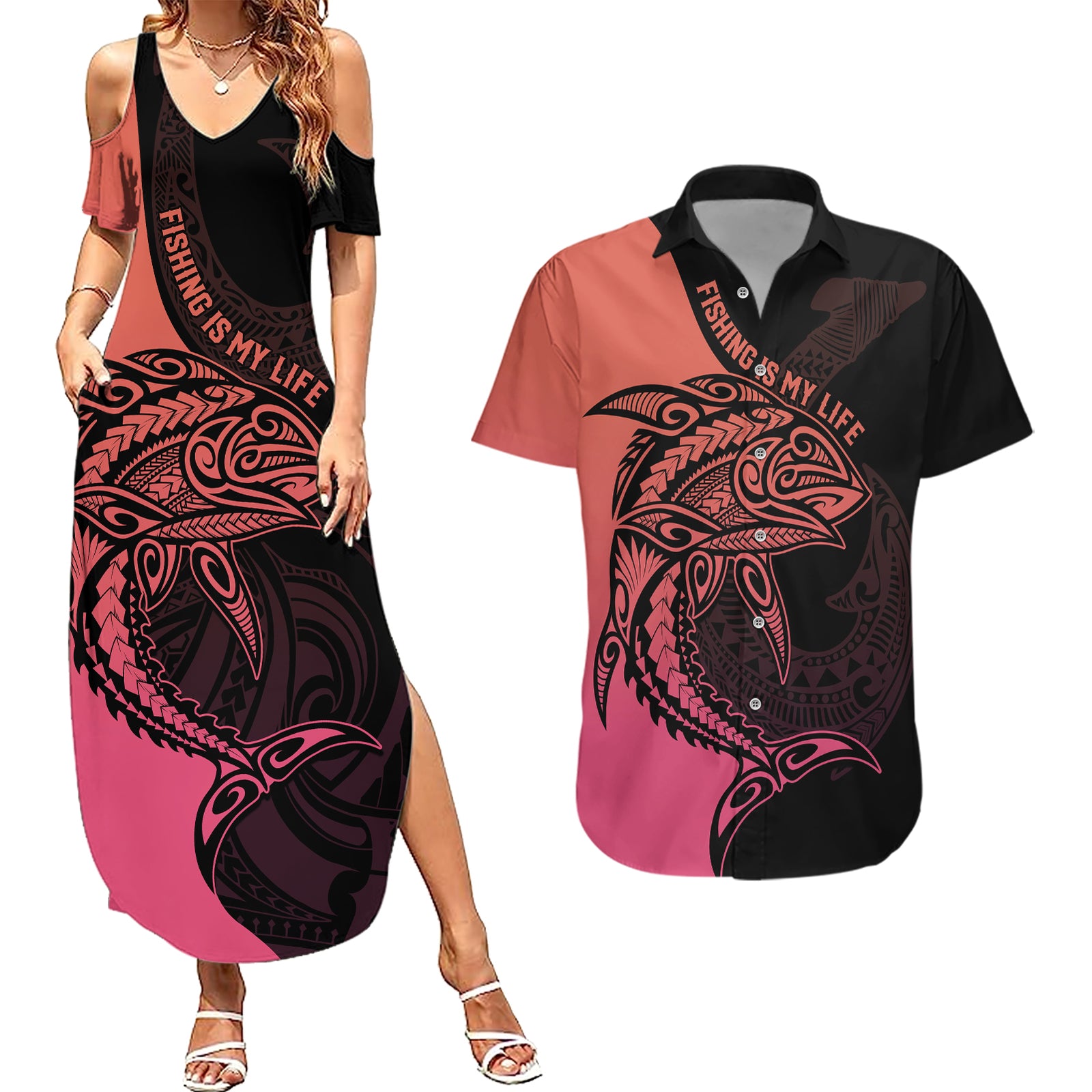 personalised-polynesia-fishing-couples-matching-summer-maxi-dress-and-hawaiian-shirt-with-maori-hei-matau-fish-hook-pink-art