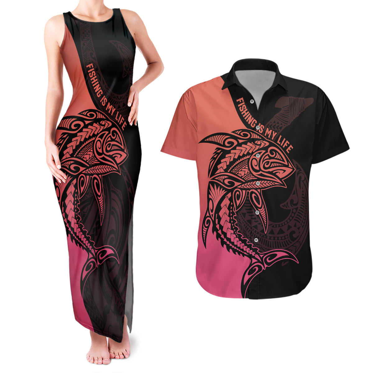 personalised-polynesia-fishing-couples-matching-tank-maxi-dress-and-hawaiian-shirt-with-maori-hei-matau-fish-hook-pink-art
