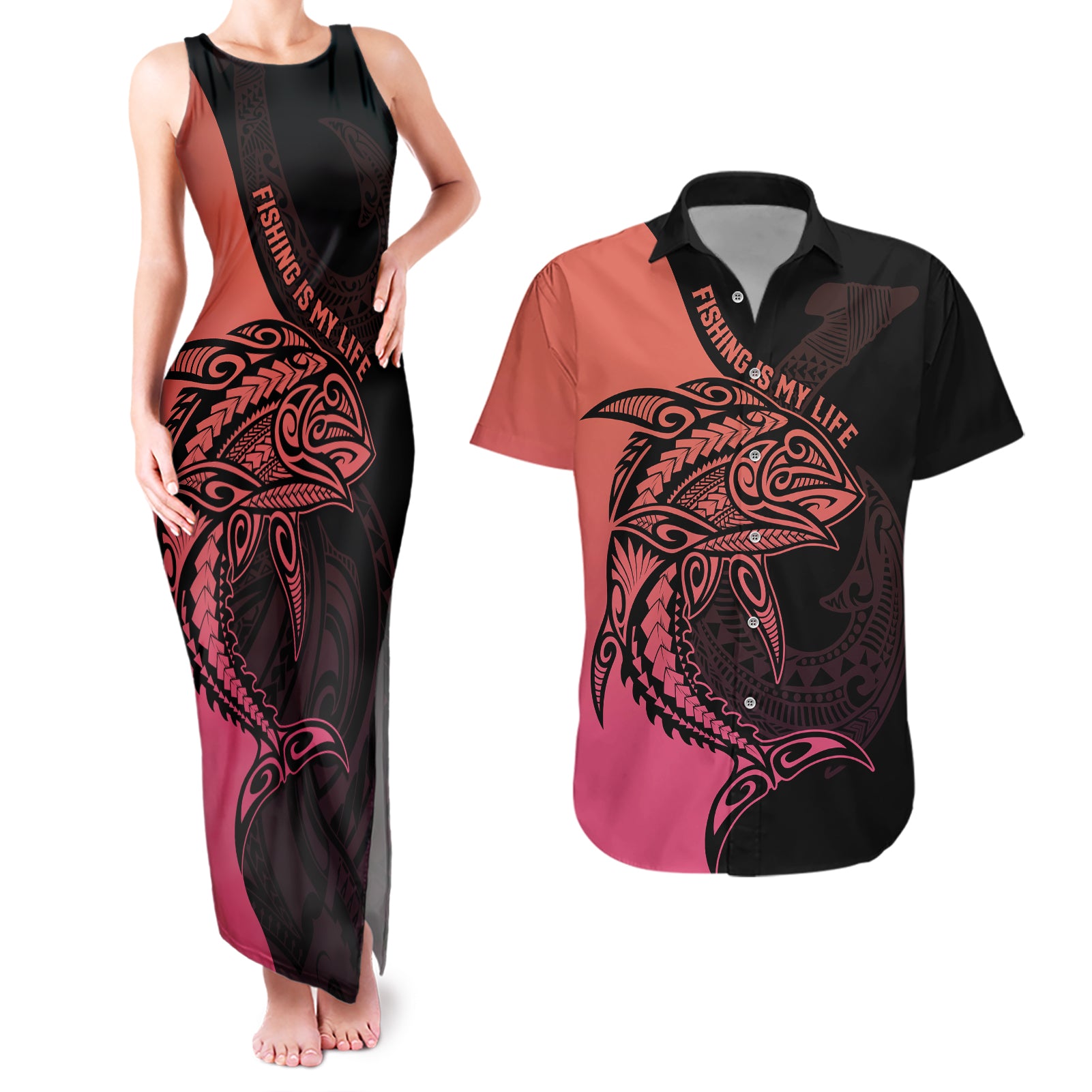 personalised-polynesia-fishing-couples-matching-tank-maxi-dress-and-hawaiian-shirt-with-maori-hei-matau-fish-hook-pink-art