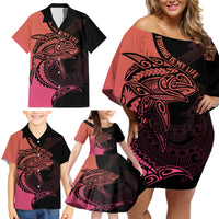 personalised-polynesia-fishing-family-matching-off-shoulder-short-dress-and-hawaiian-shirt-with-maori-hei-matau-fish-hook-pink-art
