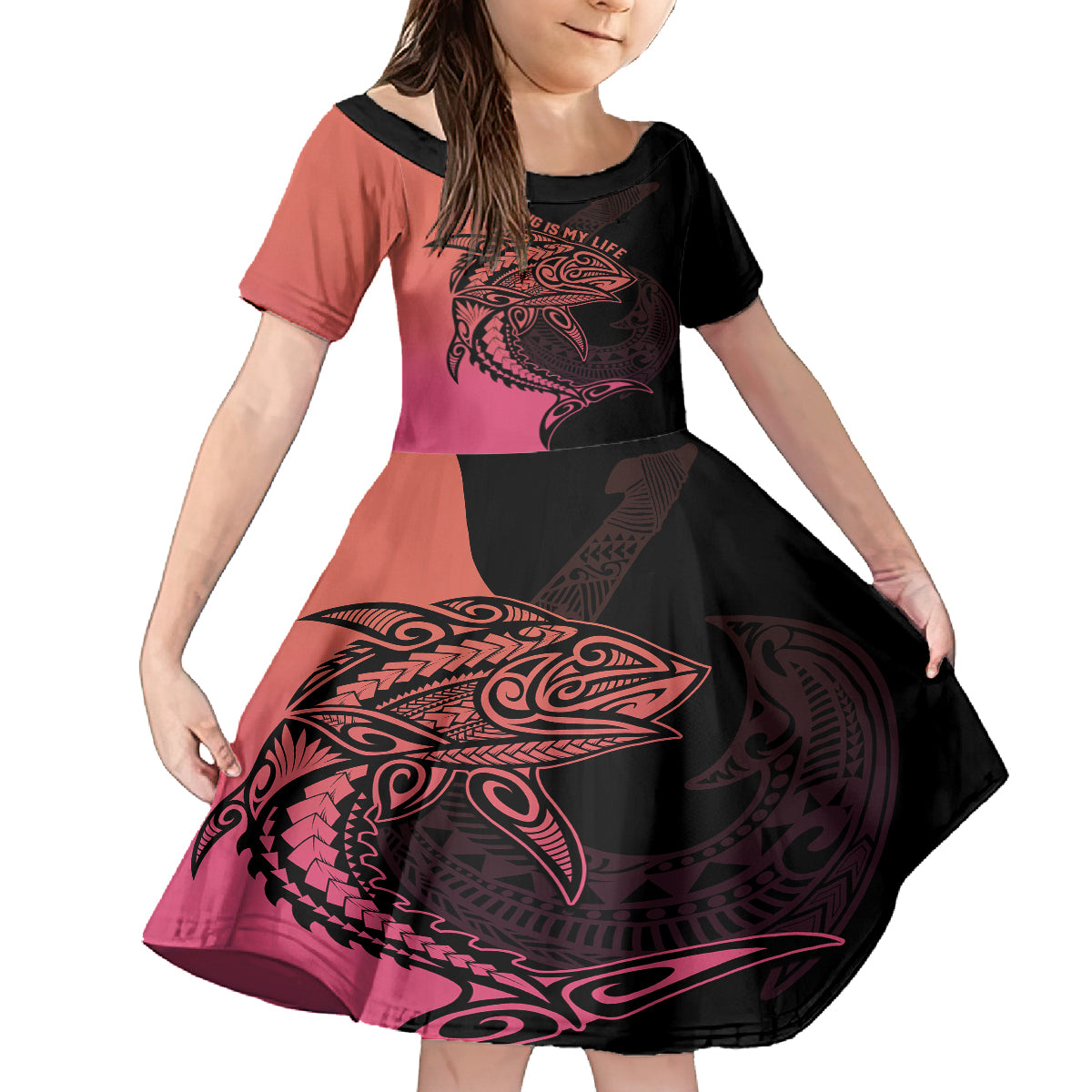 Personalised Polynesia Fishing Kid Short Sleeve Dress With Maori Hei Matau Fish Hook Pink Art LT9 KID Pink - Polynesian Pride