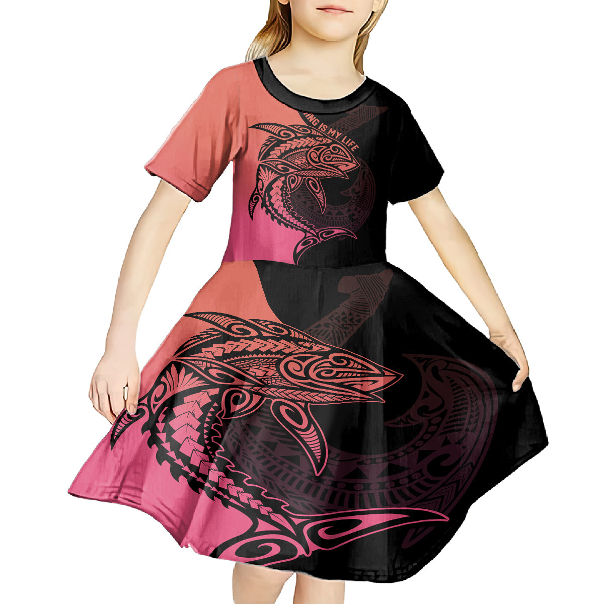 Personalised Polynesia Fishing Kid Short Sleeve Dress With Maori Hei Matau Fish Hook Pink Art LT9 - Polynesian Pride