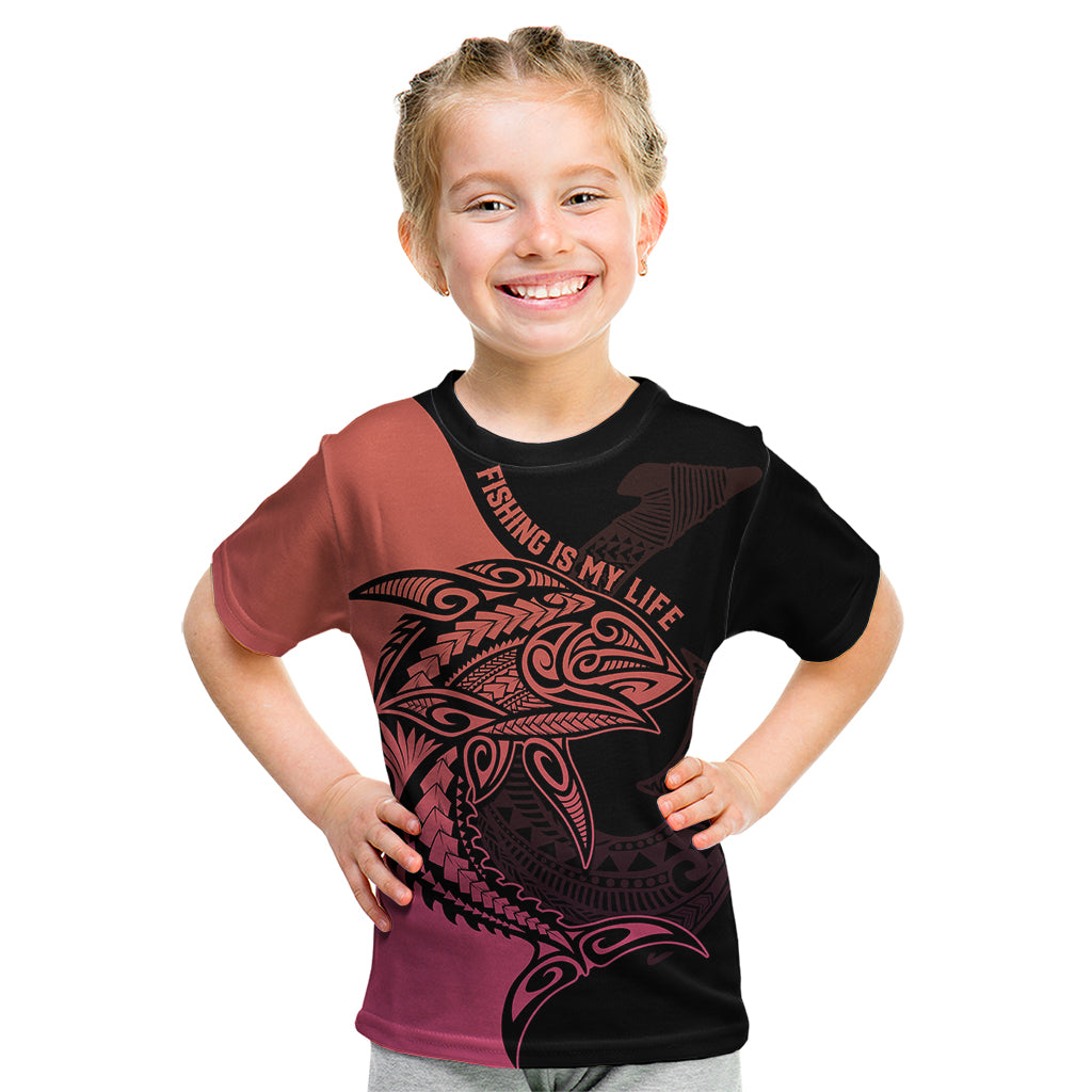 Personalised Polynesia Fishing Kid T Shirt With Maori Hei Matau Fish Hook Pink Art LT9 Pink - Polynesian Pride