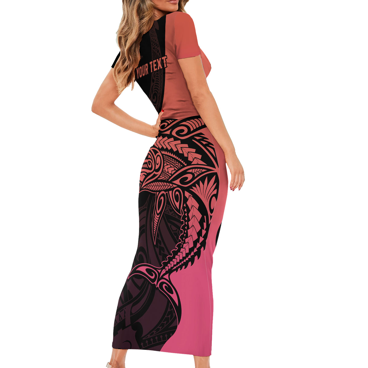 personalised-polynesia-fishing-short-sleeve-bodycon-dress-with-maori-hei-matau-fish-hook-pink-art